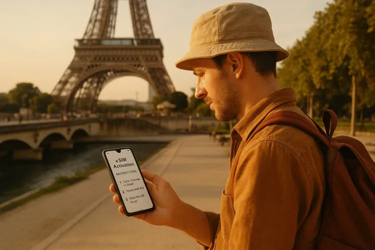 Traveler walking near the Eiffel Tower while checking a smartphone with eSIM activation instructions