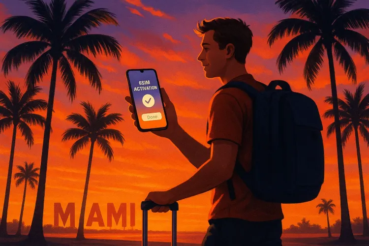Traveler walking past Miami palm trees at sunset