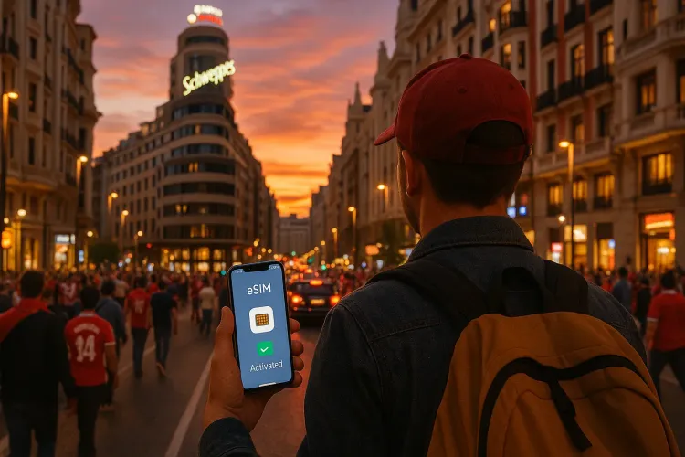 Traveler walking through Madrid’s Gran Vía at sunset with a phone showing eSIM activation