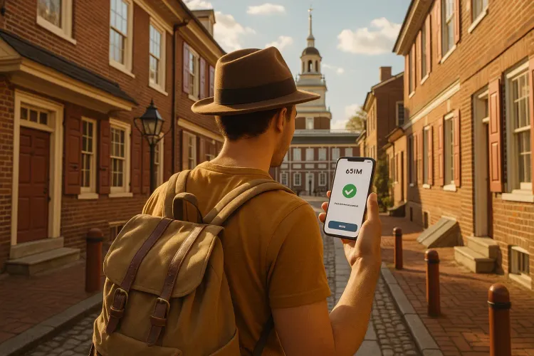 Traveler walking through Philadelphia’s historic district with a phone displaying eSIM setup