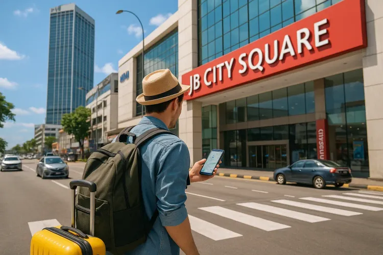 Traveler walking toward JB City Square mall