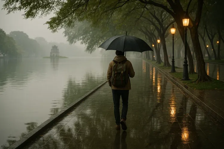 Traveler walking with umbrella around Hanoi’s Hoan Kiem Lake during a light drizzle