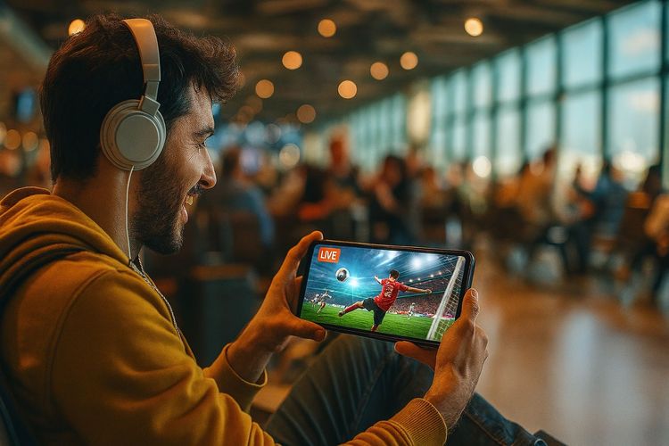 Traveler watching live sports stream on a phone while sitting in a busy airport lounge, energetic and exciting atmosphere, emphasizing global sports streaming freedom