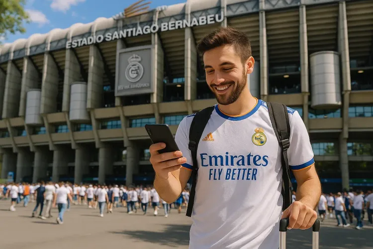 Traveler wearing Real Madrid jersey checking phone outside Santiago Bernabéu Stadium
