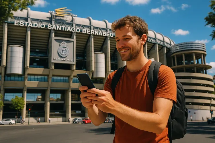 Traveler with smartphone near Santiago Bernabéu Stadium in Madrid