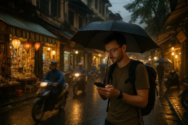 Traveler with umbrella checking phone in Hanoi Old Quarter during light rain