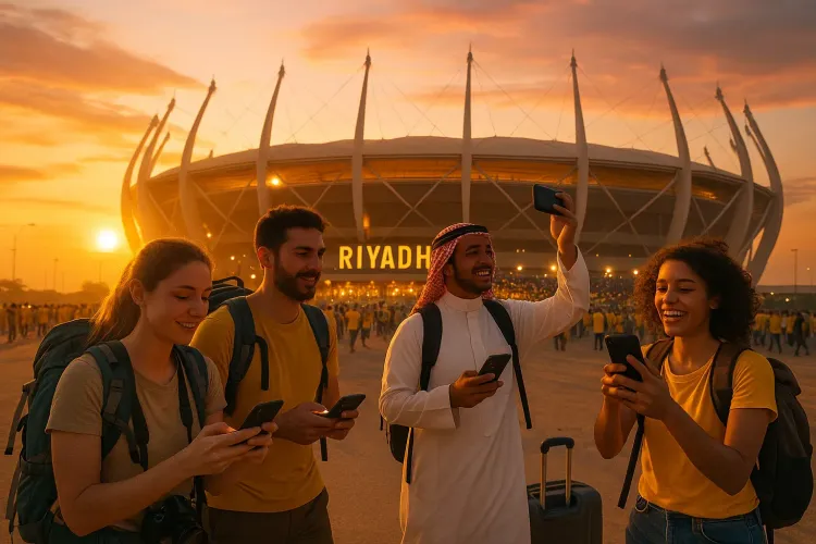 Travelers walking near a Riyadh football stadium at sunset, holding smartphones as they use mobile data to navigate and capture photos