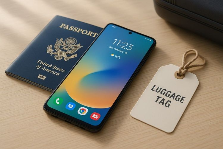 a Samsung Galaxy-style smartphone on a modern travel desk with passport