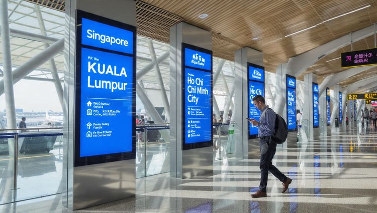 A bright, modern airport scene showing a traveler checking their smartphone while walking past “Singapore,” Kuala Lumpur