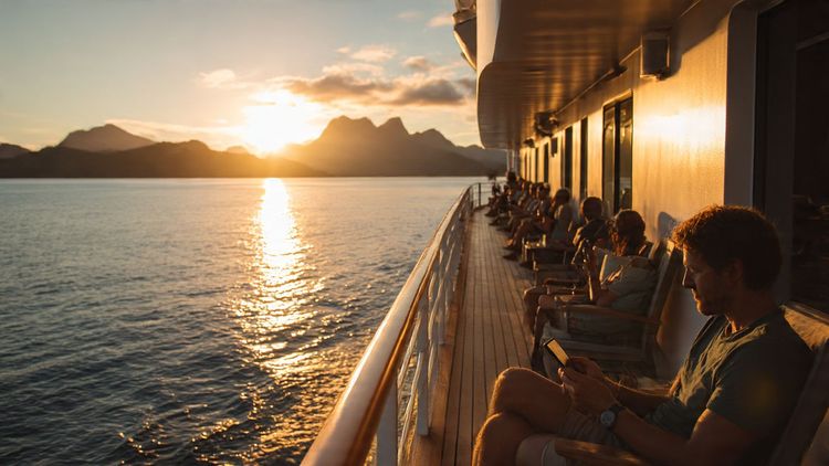 A bright, sunrise-lit view of the Coral Adventurer cruising past remote islands, with passengers relaxing on deck while using mobile devices; warm, travel-friendly editorial style