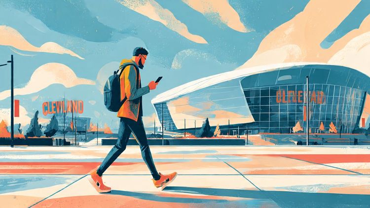 A bright, travel-friendly scene of a basketball fan walking toward Cleveland’s Rocket Mortgage FieldHouse while checking their phone for eSIM activation instructions; energetic tone, modern look, marketing-style composition.