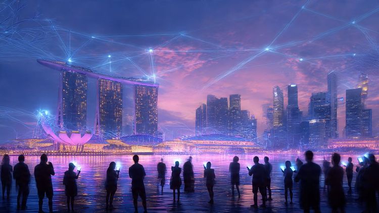 A futuristic skyline of Singapore with 5G network lines overlaying Marina Bay Sands, showcasing travelers using smartphones and smart devices within an interconnected Smart Nation grid; vibrant, modern, high-tech atmosphere.