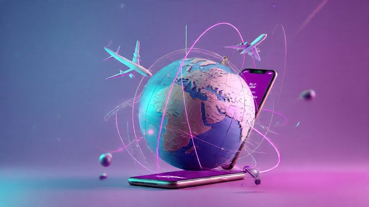 A globe with various flight paths and an open smartphone showing eSIM activation, bright modern colors, tech-savvy travel concept