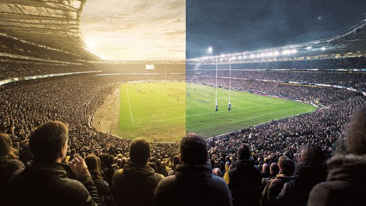 A lively rugby stadium split-screen between Twickenham and Eden Park, fans cheering, warm lighting, travel-oriented composition, designed to illustrate global sports travel connectivity.