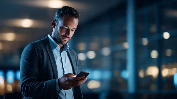 A modern corporate traveler using a smartphone with a digital eSIM dashboard, in an airport lounge with business-class lighting, professional tone, focused on cost-efficient travel connectivity.