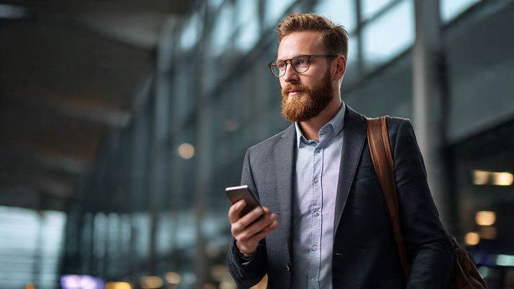 a professional business traveler in airport using a smartphone, data-driven travel scenario