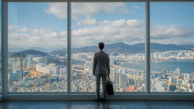 A professional business traveler overlooking Busan’s skyline during APEC week, captured in a clean, modern documentary style to emphasize mobility and connectivity