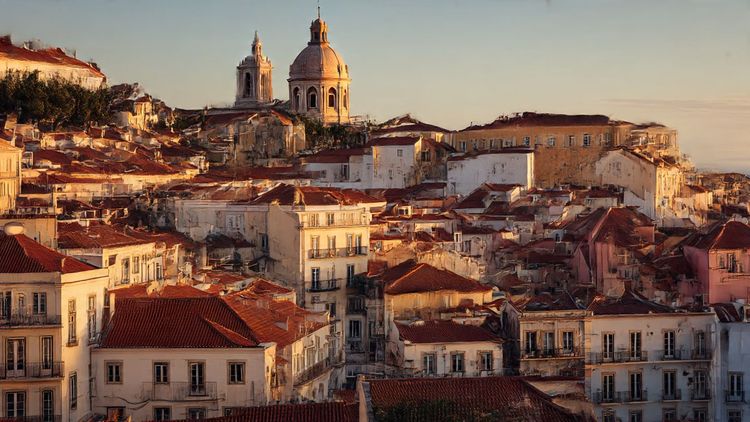 A scenic shot of Lisbon’s Alfama district at golden hour, emphasizing travel, exploration, and digital connectivity; warm colors and friendly, welcoming tone, ideal for a blog banner image