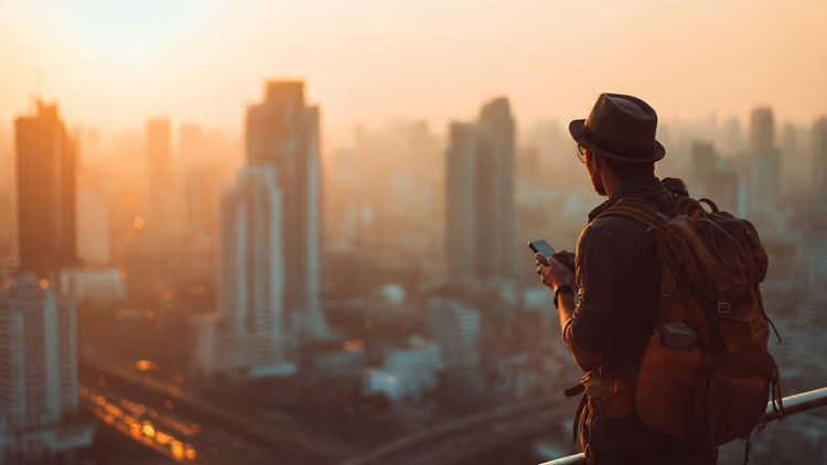 A scenic view of a traveler overlooking Bangkok’s skyline at sunset, backpack ready, smartphone in hand showing mobile connectivity; cinematic, warm, travel-blog style scene