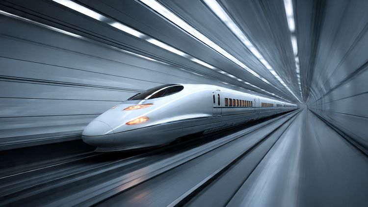 A sleek rendering of Japan’s maglev train speeding through minimalist futuristic tunnels, with warm natural lighting and a travel-tech editorial photography style