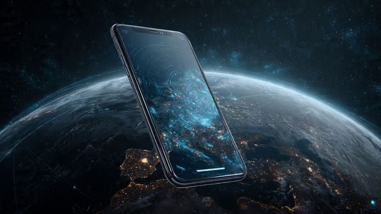 Illustration of a smartphone connecting via satellite orbiting Earth, futuristic tones, showing global coverage map over planet Earth – conceptual graphic for global roaming and satellite communication