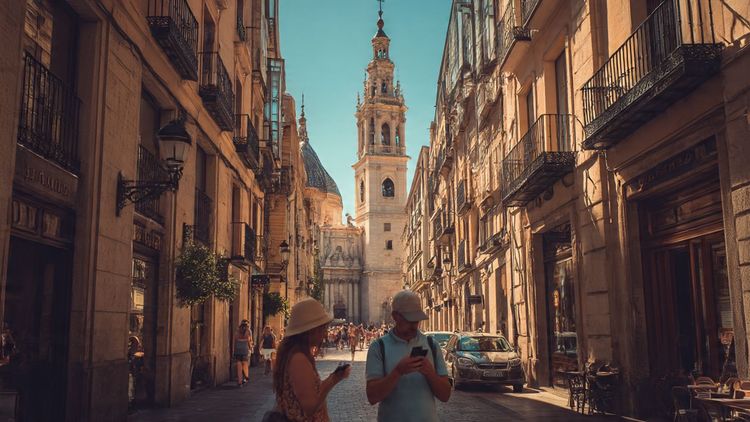 A sunny street view of Zaragoza’s historic center with travelers using phones for navigation near Basilica del Pilar; warm, editorial travel photography style