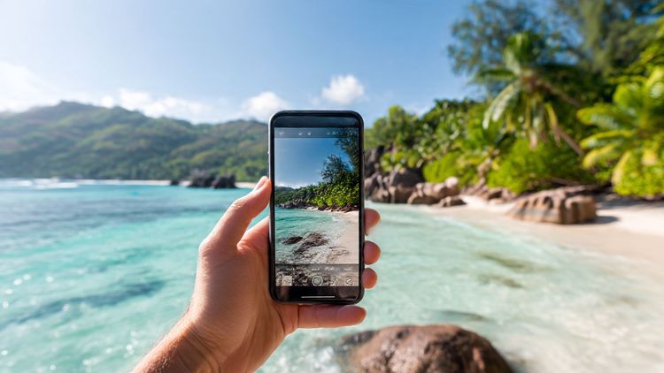 A tourist on Mahé island holding a smartphone against an idyllic Seychelles beach landscape, bright and calm travel photography