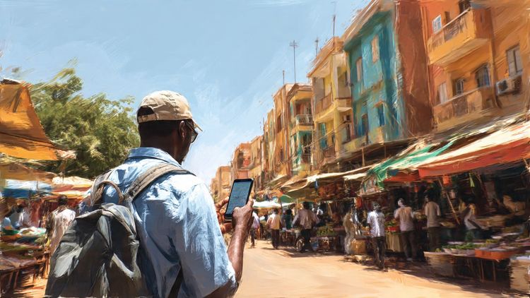 A tourist using a smartphone for navigation on the streets of Khartoum, with local markets and colorful buildings around, capturing the essence of staying connected via mobile data while exploring