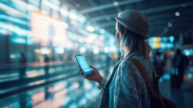 A traveler at a Tokyo airport holding a phone displaying an eSIM activation screen; bright, modern, cinematic lighting; travel-tech concept for Japan-US connectivity