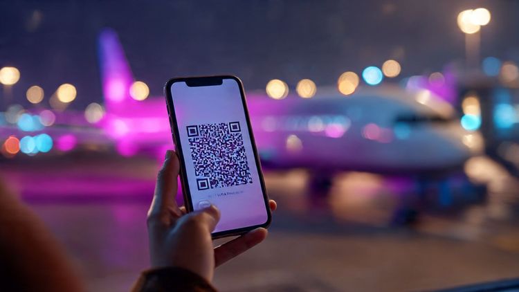 A traveler at Changi Airport holding a smartphone with an eSIM QR code on screen while a plane bound for Seoul taxis outside, vibrant lighting, modern travel aesthetic.