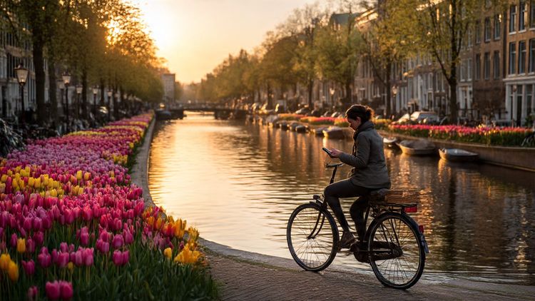 A traveler cycling along an Amsterdam canal at sunrise, checking their phone with tulip fields in the distance; vibrant editorial travel photography