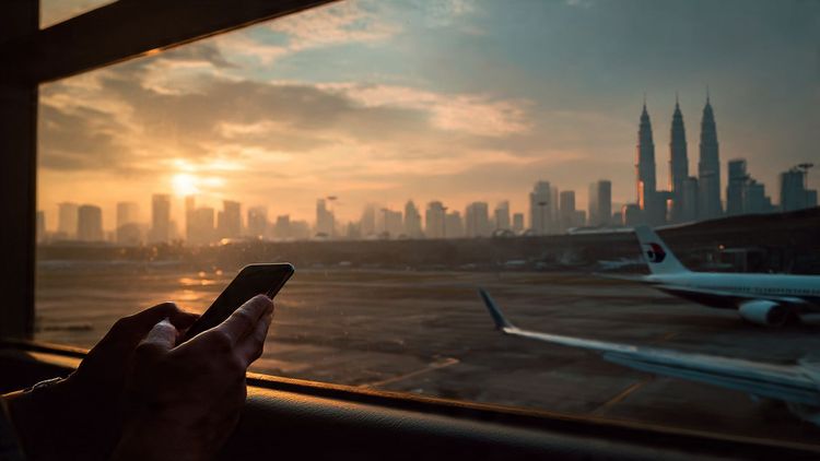 A traveler holding a smartphone while arriving in Kuala Lumpur airport, city skyline visible through the window, illustrating instant connectivity via eSIM