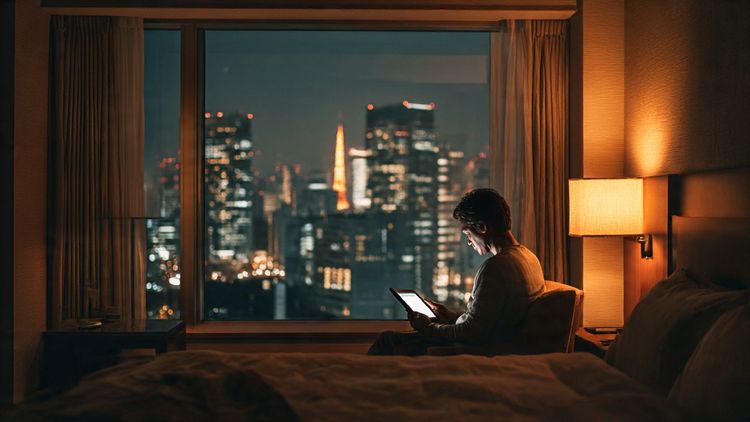 A traveler in a cozy Japanese hotel room watching classic films on a tablet, warm lighting, relaxed atmosphere, modern Tokyo skyline visible through the window — cinematic and inviting travel scene