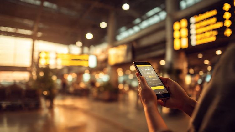 A traveler landing in Bangkok, holding a smartphone that displays an eSIM activation screen