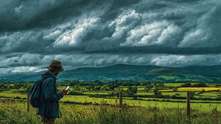 Photo of a traveler looking at their phone with Northern Ireland landscape — rolling green hills and dramatic clouds in the background