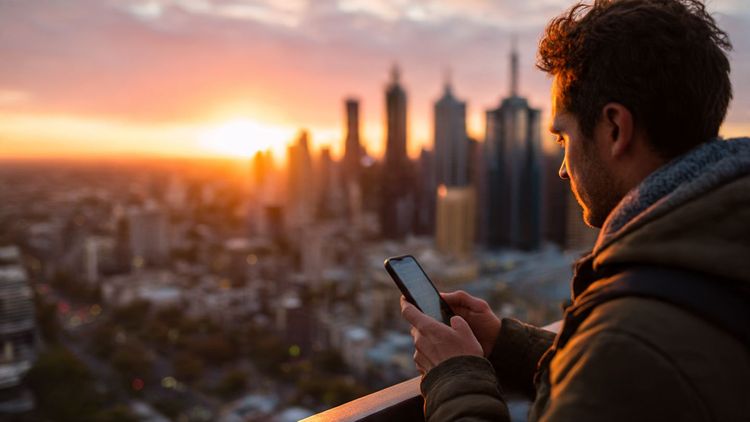 A traveler overlooking Melbourne’s skyline at sunset while using a smartphone with an active eSIM; warm, cinematic, urban-travel aesthetic