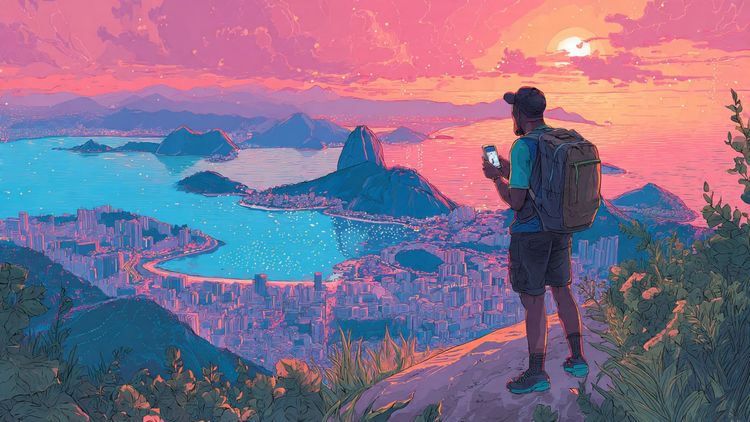 A traveler overlooking Rio de Janeiro with a smartphone, vibrant colors, sunrise, digital connectivity theme