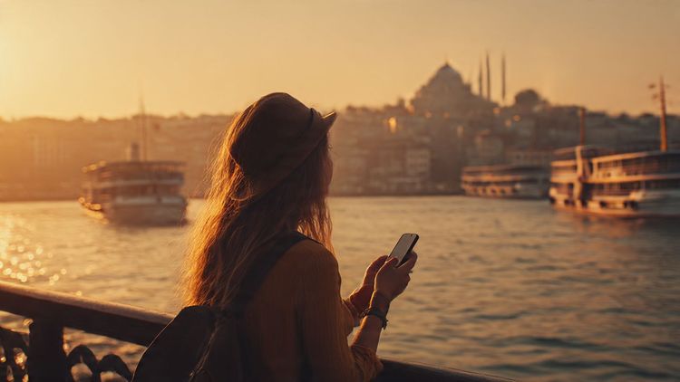 A traveler overlooking the Bosphorus at sunrise, holding a phone while vibrant Istanbul cityscapes glow behind; cinematic, warm-toned editorial travel imagery