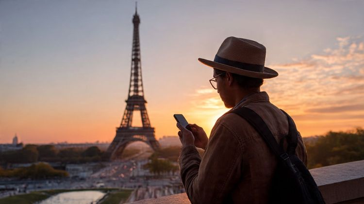 A traveler overlooking the Eiffel Tower at sunrise while checking mobile data on their phone; warm editorial photography promoting easy eSIM connectivity in Paris