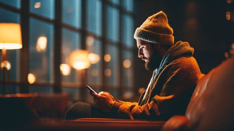 A traveler sitting at an airport lounge using a smartphone to purchase concert tickets online; warm, modern, editorial travel photography style
