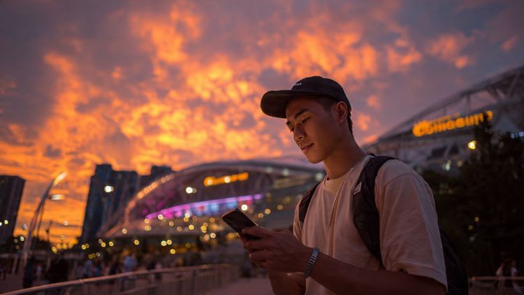 A traveler standing outside the Singapore Indoor Stadium at dusk holding a smartphone, vibrant concert lighting, editorial travel photography