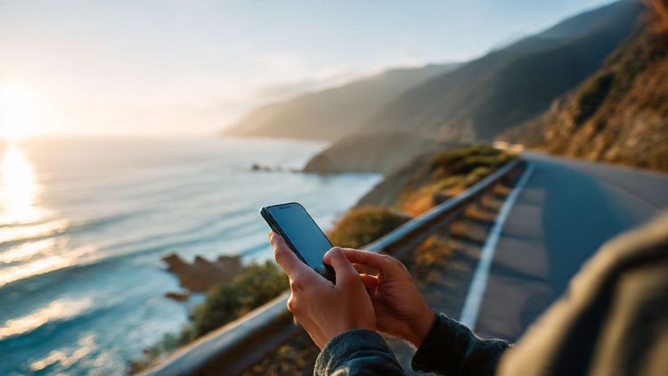 A traveler using a smartphone on a scenic coastal road, symbolizing seamless 5G eSIM connectivity enabled by Qualcomm Snapdragon technology