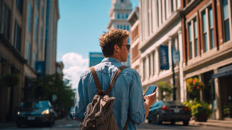 A traveler walking through downtown Cincinnati with a smartphone, checking an MLS match schedule, vibrant daylight, urban travel photography style