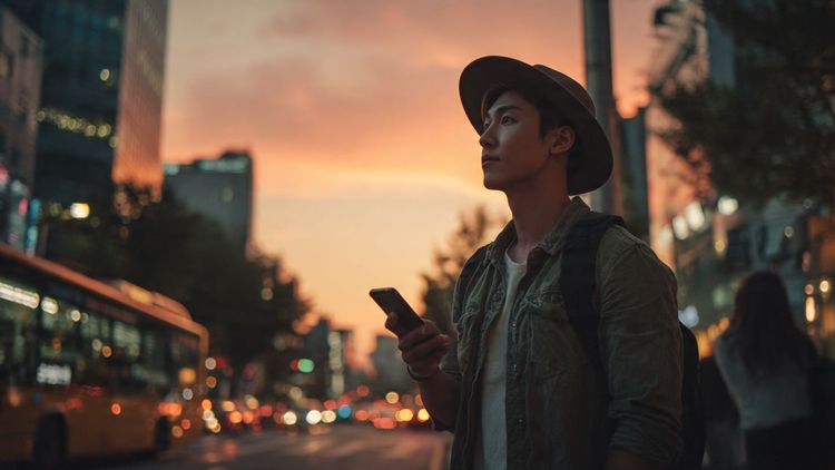 A traveler walking through Seoul’s Myeongdong district at sunset, holding a phone with maps open; cinematic lighting, K-drama atmosphere, travel lifestyle scene