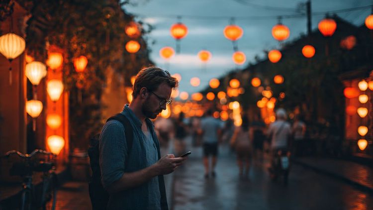 A traveler walking through the lantern-lit streets of Hội An at dusk while checking navigation on a smartphone, soft warm lighting, cinematic travel photography, emphasis on digital connectivity