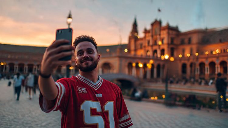 A traveler wearing a football jersey taking a selfie in front of Seville’s Plaza de España with stadium lights in the background — warm evening lighting, travel-blog style.
