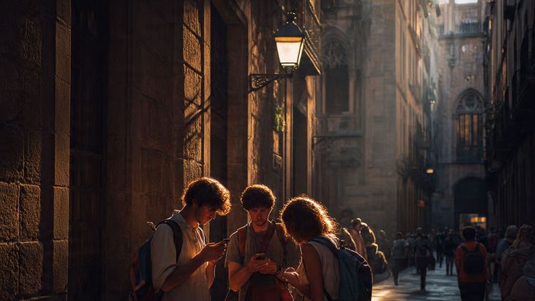 A warm, late-afternoon view of Barcelona’s Gothic Quarter with travelers checking their phones for directions; cinematic, editorial travel-photography style