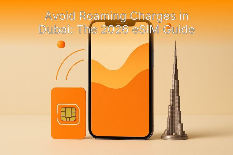 Traveler using a smartphone in the modern atrium of Dubai International Airport to avoid roaming charges.