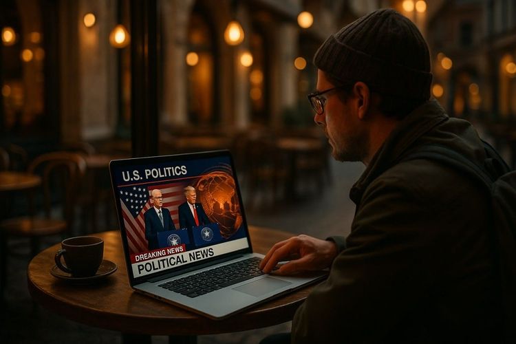 Traveler watching US political news on a laptop while seated in a European café