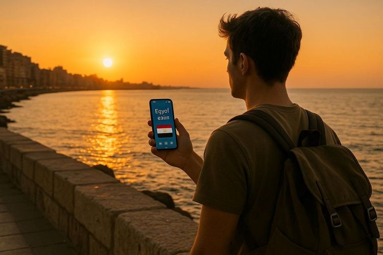 Traveler overlooking the Alexandria coastline, smartphone in hand showing active Egypt eSIM connection